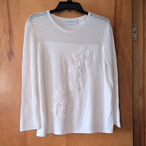 Alfred Dunner White Floral Embroidered Long Sleeve Top